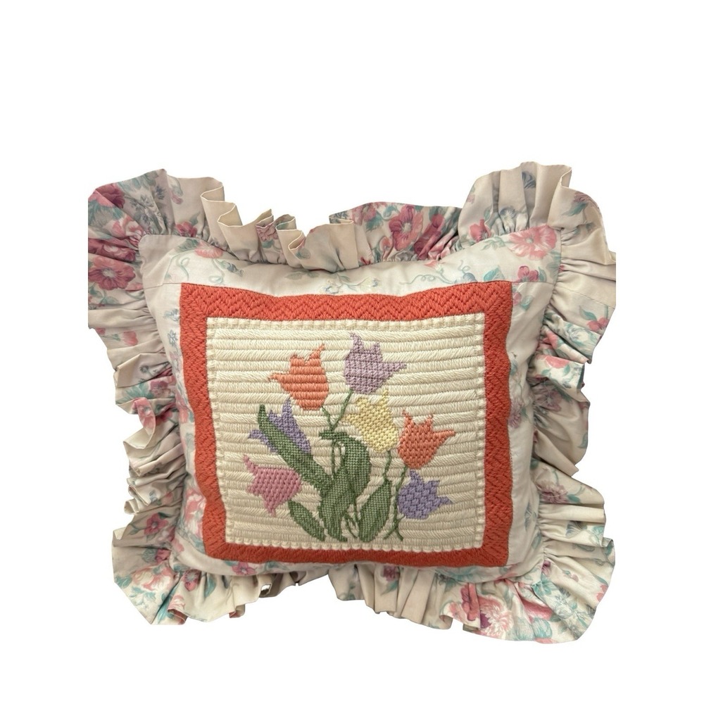 decorative pillow needlepoint country‎ cottage floral grandma core